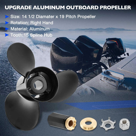 14.5 X 19 Pitch Aluminum Outboard Propeller With Flo Torq Hub Kit Included, 15 Spline, Right Hand Rotation, replacement for Mercury