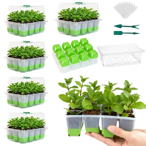 Silicone Seed Starter Tray With Humidity Dome Indoor Seedling Kit 5 Pack 60 Cell Germination Trays Adjustable Vent Reusable