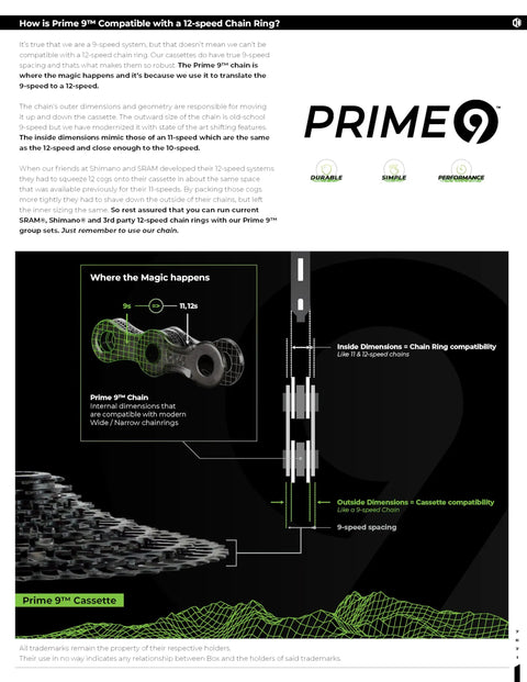 Diagram showcasing Prime 9 1x9 Multi Shift Mountain Bike Groupset Matte Black 9 Speed Drivetrain compatibility with chain ring
