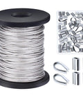 Vinyl Coated Stainless Steel Picture Hanging Wire Rope Cable Kit With Fifty Aluminum Crimp Sleeves Ten Thimbles And Fifty D Ring Hangers One Sixteenth Inch Diameter Ninety Eight Feet Long For Heavy Duty Gallery Hanging with spool and accessories