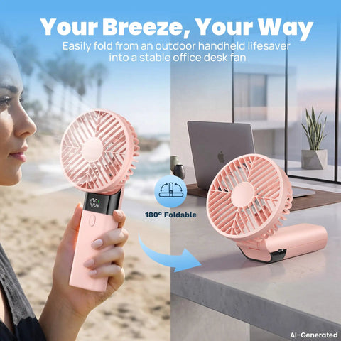 Rechargeable Handheld Fan Portable Mini Fan With 3000mAh Battery 10 Hour Runtime 180 Degree Foldable USB Travel Fan shown in use outdoors and indoors.