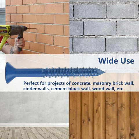 Torx Drive Concrete Screws Quarter Inch By Two And A Quarter Inch Masonry Fasteners with application examples on various surfaces.