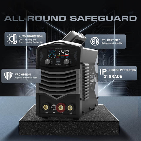 Front view of MIG Welder 140A 110V 3 In 1 Flux Core Stick And Lift TIG Gasless Inverter with IGBT digital display