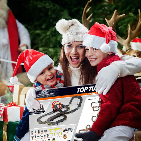 Family holding Electric Slot Car Race Track Set With Four Cars No Wires Plug And Play Speedway Dual Controllers Lights And Sounds