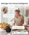 Woman in kitchen using voice command to unlock front door with smart lock via Alexa, showcasing smart home integration.