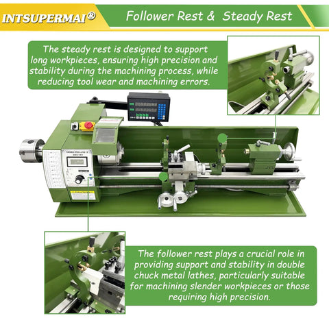 Intsuprm Mai 8 X 29.5 Inch Mini Metal Lathe Dual Chuck Double Head With Digital Readout Auto Feed High Precision Engine Turning Machine for steady rest support.