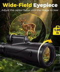 15x56 High Power Monocular Telescope with Smartphone Adapter and Tripod in a forest setting, view of deer through wide-field eyepiece