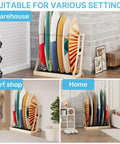 Easy Assembly Wooden Surfboard Rack For Six Boards With Foam Padding And Elastic Safety Straps Built Beefy. Various settings shown.
