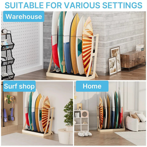 Easy Assembly Wooden Surfboard Rack For Six Boards With Foam Padding And Elastic Safety Straps Built Beefy. Various settings shown.