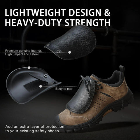 Beefy Heavy Duty Metatarsal Guard Toe Protector Set 2 Pieces For Work Boots Universal Size shown with attached safety shoe cover