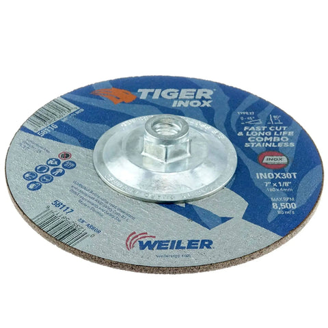 Tiger INOX Type 27 Cut And Grind Combo Wheel 7 Inch Diameter 1/8 Inch Thick INOX30T 7/8 Inch Arbor