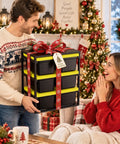 6 Piece Stackable Mini Storage Bins With Bright Yellow Lids And Sturdy Black Rack Compact Plastic Containers, gift setup in festive living room.