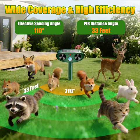 Solar Ultrasonic Outdoor Animal Repellent 4 Pack Upgraded Solar Powered Batteryless Deterrent For Gardens And Yards IP66 Waterproof Easy Install And Weatherproof Critter Defense For Pets And Wildlife, 110° 33 ft