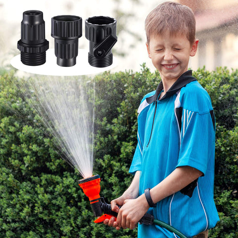 Garden Expandable Hose Repair Kit With Faucet Adapters And Connectors 4 Sets Includes Shut Off Valves And 8 Rubber Gaskets For Three Quarter Inch Hoses Easy Plug And Play DIY Fix Leak Proof Hose System in use by child watering garden