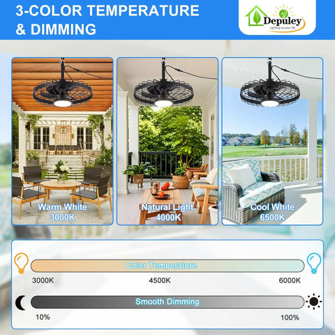 Outdoor Hanging Ceiling Fan With Light And App Remote, 20 Inch Black Caged Fan For Gazebo, Patio, Porch, Pergola, IP65 Waterproof, Plug In, Reversible DC Motor with 3-color temperature settings in different outdoor settings.