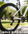 Gold 6 To 12 Speed Bike Chain For Road And Mountain Bikes High Strength Forged Steel Anti Rust 116 Links on a white bike