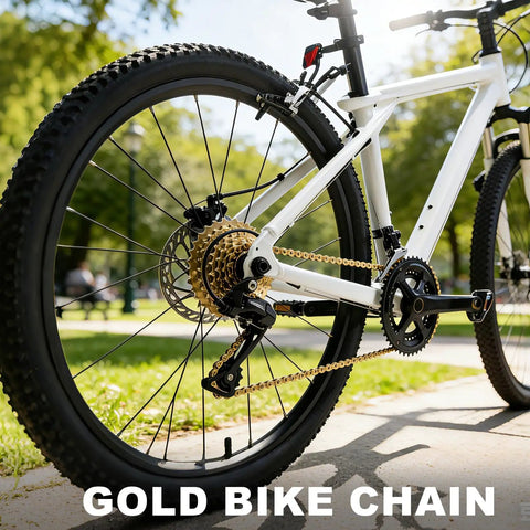 Gold 6 To 12 Speed Bike Chain For Road And Mountain Bikes High Strength Forged Steel Anti Rust 116 Links on a white bike