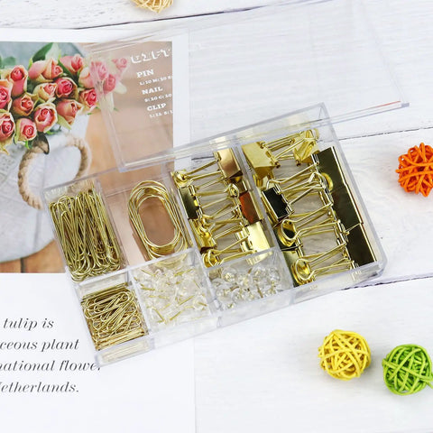 Clear organizer with gold paper clips, binder clips, and push pins. Gold Paper Clips And Binder Clips Set 154 Pcs Must Have Office Supplies Bundle.