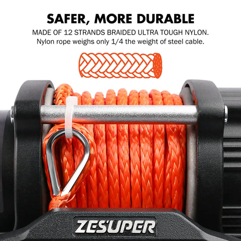 4500 Lb Electric Winch With Wireless Remote featuring synthetic rope and hawse fairlead, close-up view of braided nylon detail