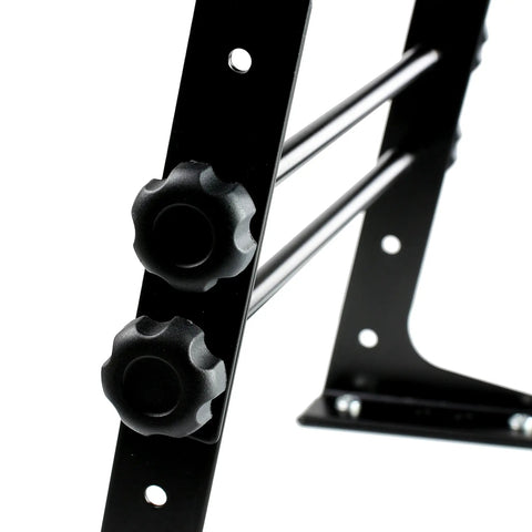 Close-up of adjustable knobs on Portable DJ Laptop Stand With Adjustable Height, Anti Slip Surface, and Ventilated Steel Frame, Built to Last.