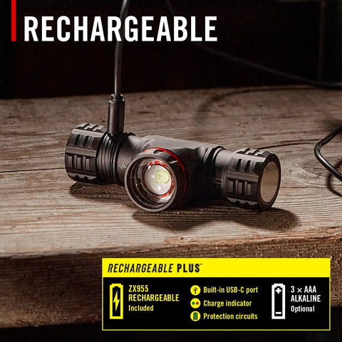 Crazy Bright 2700 Lumen USB C Rechargeable Dual Power LED Headlamp on wooden surface showing USB-C charging port