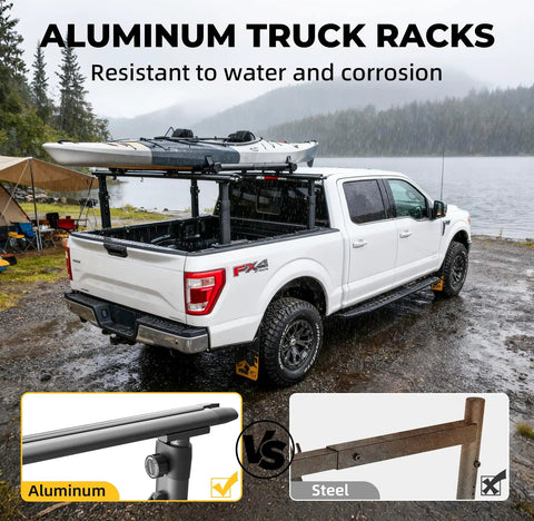 Heavy Duty Truck Ladder Rack With 800 Lbs Capacity For Large Size Pickups, Aluminum Construction, Rust Resistant, Weatherproof Coating, Lightweight Yet Durable, Easy Mounting And Secure Cargo Storage on white pickup with kayak