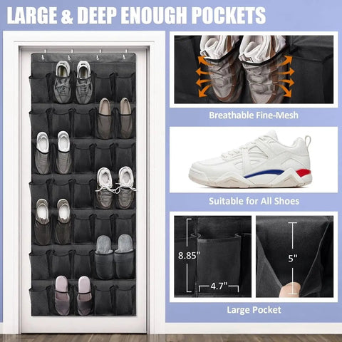 Over The Door Shoe Organizer With 35 Roomy Mesh Pockets Holds Sneakers Heels And Boots Hella Spacious Solid Heavy Duty Black.