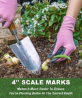 Garden Trowel With Serrated Edge And Four Inch Depth Marks, Stainless Steel Blade With Comfortable Wood Handle in use