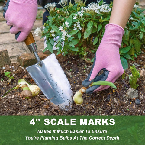 Garden Trowel With Serrated Edge And Four Inch Depth Marks, Stainless Steel Blade With Comfortable Wood Handle in use