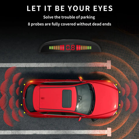 Eight Ultrasonic Parking Radar System With LED Distance Display and Audible Beep Warning in Black on red car
