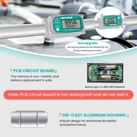 One Inch Inline Water And Fuel Flow Meter With Swivel 360 Connector For 2.6 To 26 GPM NPT Thread Aluminum Alloy Body High Precision Plus Or Minus One Percent For Diesel Gas Oil Gasoline Kerosene Methanol E15 shown installed with display and PCB details