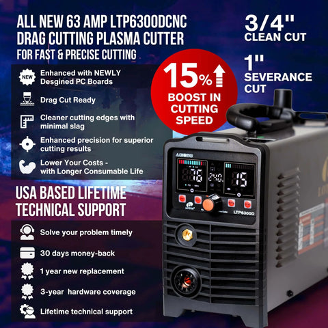 63 Amp CNC Plasma Cutter With Drag Cut, Non HF Blowback Pilot Arc For Auto Start, LED controls, portable design