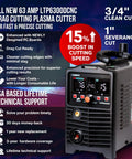 63 Amp Non Touch Pilot Arc Plasma Cutter with drag cut, digital display, dual voltage 110-220V, non HF arc start, side view