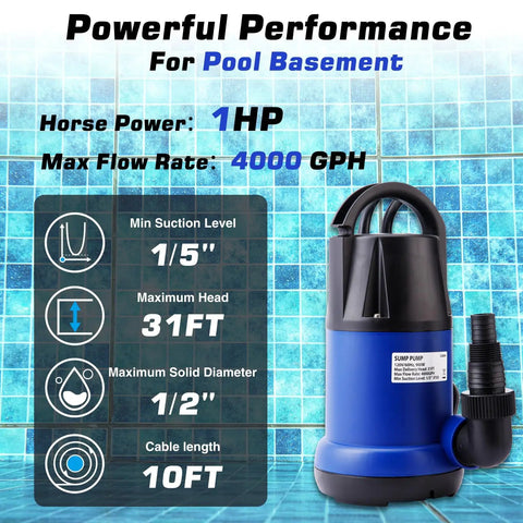 Heavy Duty 1HP Submersible Water Pump Featuring A Badass 4000 GPH Output With A Rock Solid Thermoplastic Build, 10FT cord.