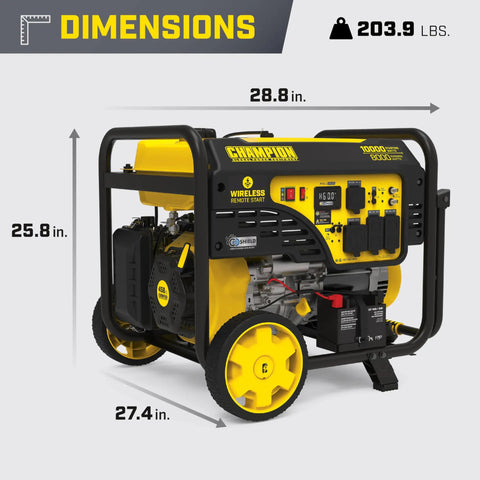 10,000-Watt Wireless Remote Start Portable Backup Power Generator For Home Use With CO Shield Auto Shutoff shown with dimensions.