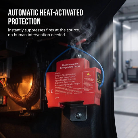 Heavy Duty Automatic Aerosol Fire Suppression Kit For Automotive Engine Bays And Cabin Wiring 2 Pack mounted with smoke.