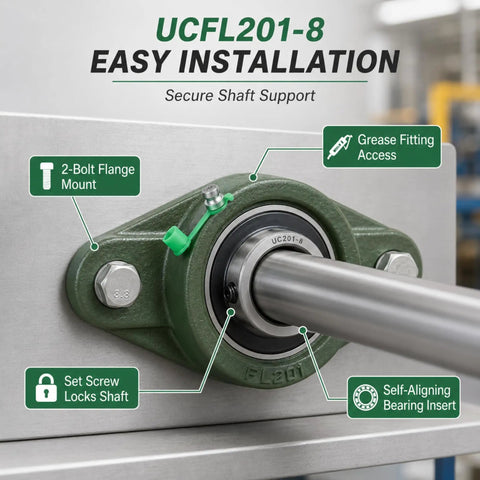 2-Pack UCFL201-8 One Half Inch Bore Flange Bearing Units With Cast Iron Housing shown installed on machinery