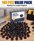 100 Pack Half Inch Snap In Bushing Grommet Set For Cable Holes And Wire Panels, Black Nylon Plastic Hose Bushing Protectors on table