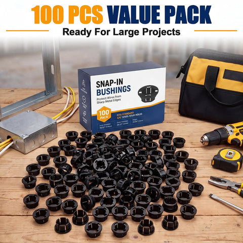 100 Pack Half Inch Snap In Bushing Grommet Set For Cable Holes And Wire Panels, Black Nylon Plastic Hose Bushing Protectors on table