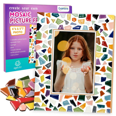 Decorate Your Own Mosaic Picture Frame Kit With Colorful Mosaics Glue Spreader Grout And Everything You Need For 5x7 Or 4x6 Photos DIY Mosaic Craft Kit For Adults Christmas Valentines Day Gifts, showing a colorful mosaic frame with photo and tiles.