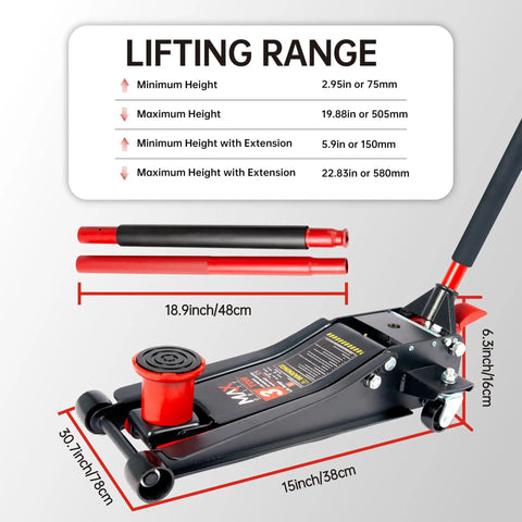 3 Ton Low Profile Floor Jack With Dual Pistons, Heavy Duty Steel Construction, Quick Lift Hydraulic Pump, Foot Pedal And Extension Adapter For Easy Tire Changes, Brakes, And Maintenance On Off Road Cars And Light Trucks
