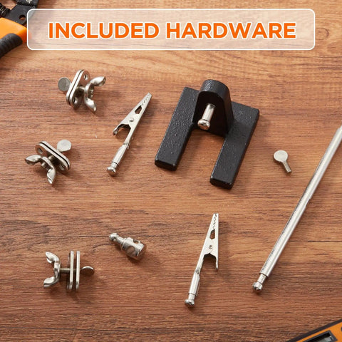 Four Piece Helping Hands Soldering Tool Set With Flexible Arms And Alligator Clips hardware on wooden surface