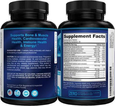 Back view of Mega Mineral Supplement Complete Mineral Complex With Calcium Magnesium Zinc Potassium Boron Selenium Chromium And 72 Trace Minerals Iron Free Calcium Supplement 100 Pills showing supplement facts label.