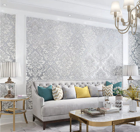 Living room with Peel And Stick 3D Gray Floral Damask Wallpaper For Bedroom Removable Embossed Self Adhesive Wall Covering on walls.