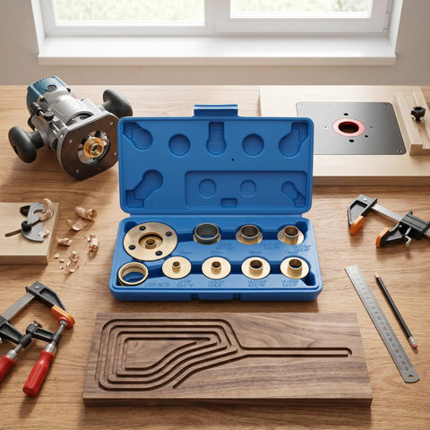 Kickass 11 Piece Brass Router Bushing Kit With Universal Lock Nuts And Heavy Duty Case open on wooden table with router and tools.