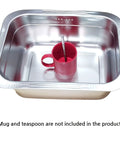 Stainless Steel Basin Tub Rack For Dishwashing And Cleaning, Large Size, Durable With Rounded Rectangle Design, with red mug and spoon