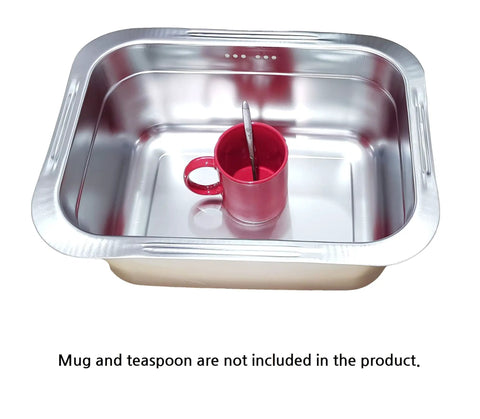 Stainless Steel Basin Tub Rack For Dishwashing And Cleaning, Large Size, Durable With Rounded Rectangle Design, with red mug and spoon