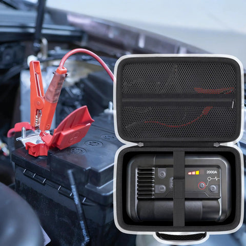 Rugged Hard Case For NOCO Boost Plus Air AX65 2000A Jump Starter With Air Compressor And Tire Inflator Protective Black Carry Case With Easy Zip Access open next to car battery with jumper cables