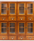 Four Piece Stackable Mini Cupboard Set With Eight Drawers And Glass Doors In Dark Mahogany Wood For Pantry Kitchen Bath Or Garage Storage Fully Assembled And Ready To Organize