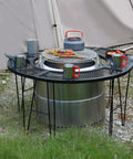 Portable Fire Pit Surround Tabletop for Solo Stove Bonfire Ranger Folding Iron Smokeless Round Fire Pit Table with mugs and food